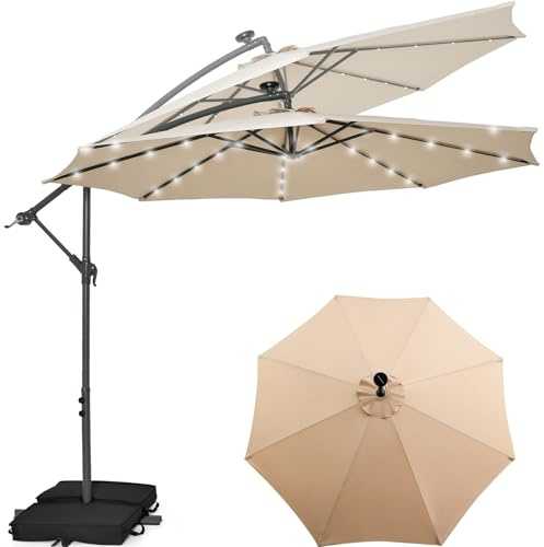KOMFOTTEU 3x3m Sombrilla de Jardín con 40 Luces LED Solares | Parasol Inclinable Grande con Base Saco de Arena, Protección UV para Terraza, Patio, Piscina