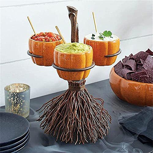 EHOTER Creative Halloween Resin Pumpkin Bowls on Broom for Serving Fruit Salad Snacks Halloween Pumpkin Snack Bowl Stand Halloween Party Supplies Decorations (3 Bowls)