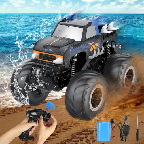 Amphibienfahrzeug Ferngesteuert Auto für Kinder 1:16, Offroad RC Auto Kinder, Monster Truck, Ferngesteuertes Off-Road Spielzeugauto 4 5 6 7 8 9 10 Jahre Kindergeschenke; 2,4GHz; 20KM/H