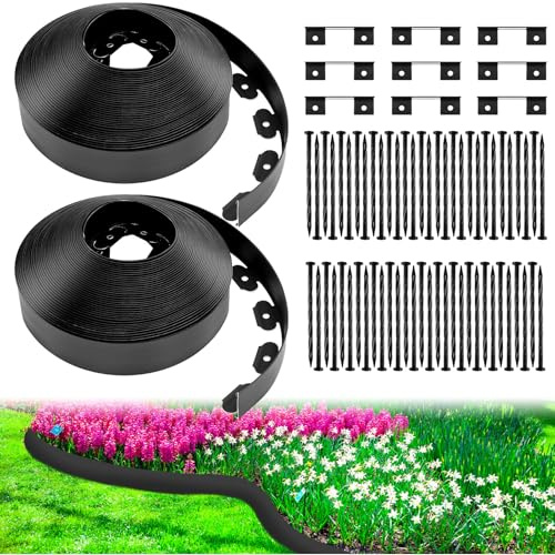 Sasylvia 2.5'' x 200' Landscape Edging Kit Edging Border Coil Include 120 Anchoring Spikes 10 Connectors Plastic Garden Border for Lawn Garden Grass Yard Home(Black)
