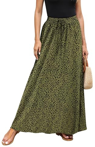 Hount Röcke Damen Leicht Langer Hohe Taille Elastisch Polka Dot Sommerrock Stretch Röcke Maxirock (L, Schwarz Grün)