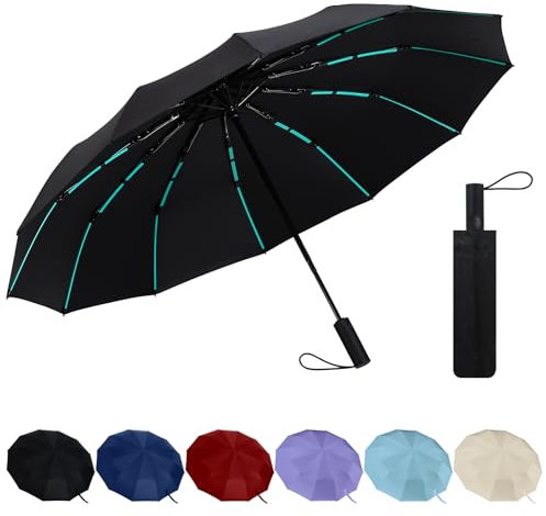 Jokisa Regenschirm Sturmfest - 12 Rahmen Faltender UV Schirm Automatik Auf und Zu, Reise Umbrella mit Verstärken Windfest Stabil Fiberglas Rippenfür Rucksack Auto Koffer (Schwarz)
