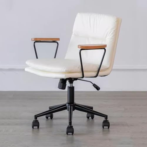 YCKEGEW Verstellbare Bürodrehstühle Aus Leder Schreibtischstuhl Mit Armlehnen Für Das Schlafzimmer,Moderner Roll-Drehstuhl Moderne Gepolsterte Stühle Neigbare Rückenlehne(White,Black Base)