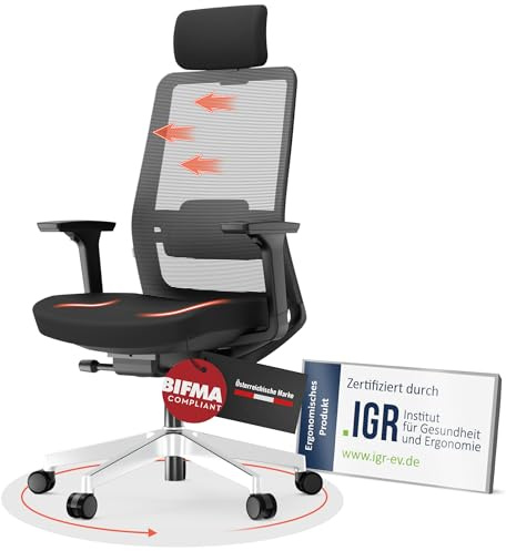 Yaasa Chair Pro Schwarz, Bürostuhl ergonomisch,Kopfstütze, Drehstuhl, 150kg | Bürostuhl gesunder Rücken, Lendenwirbelstütze&gepolsterte Kopfstütze, 3D-Armlehnen, 150kg, zertifiziert für Büro & Homeoffice