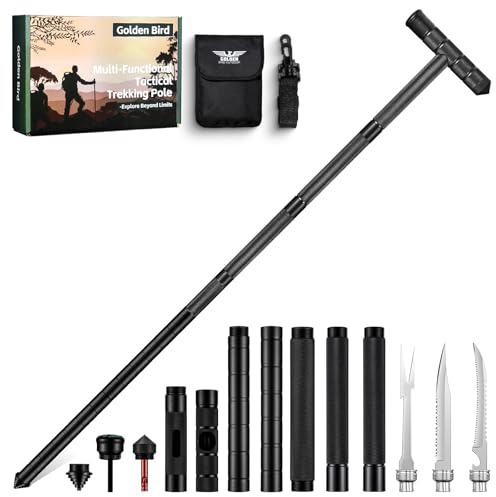 Golden Bird Wanderstöcke 13 in 1 Multifunktionale Wanderstock Trekkingstöcke Survival Verstellbare Aluminium Walking Stöcke mit Messer im Griff für Outdoor Camping Wandern Schwarz Geschenke für Männer