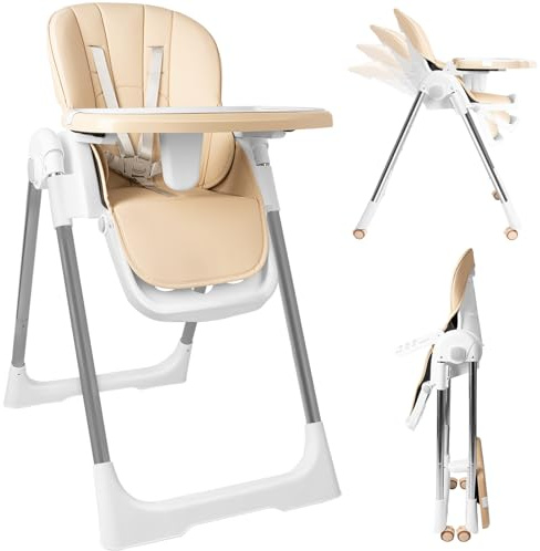 Alpstorm 4-in-1 Klapphochstuhl,Hochstuhl Baby Höhenverstellbar mit abnehmbarem Tablett, Rollen & 5-Punkt-Gurt. Wachstumsbegleiter von Babymahlzeiten bis Kindergarten (Beige)