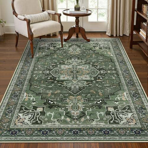 GENIMO 120x170cm Rugs Living Room, Washable Short Pile&Non Slip Dark Green | Boho Vintage, Washable Short Pile, Soft Non Slip Backing, Easy Clean for Living Room, Bedroom, Dining Room