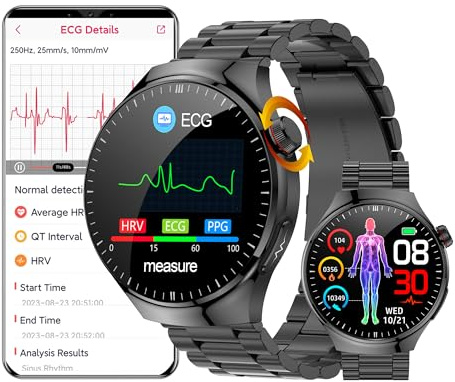 DigiKuber Smartwatch ECG Quadrante Chiamata, 1,43 pollici AMOLED Impermeabile Orologio Intelligente Uomo Donna con Pressione Sanguigna, SpO2, Frequenza Cardiaca per Android iOS (Nero Metal)