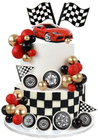 Blumomon 42Pcs Red Racing Birthday Cake Toppers Ball Cake Topper Grid Flag Tire Birthday Cake Decoration Baby Shower Party Racing Theme Decoration Supplies