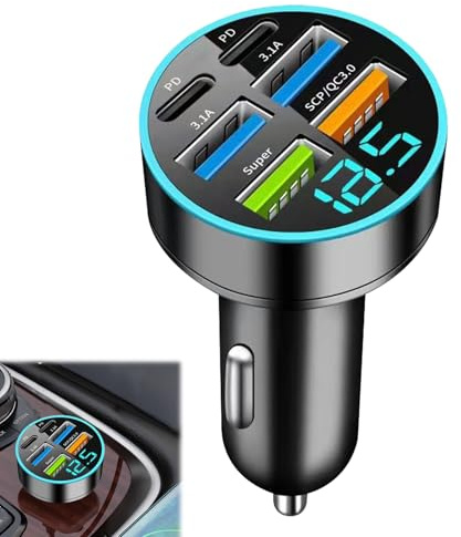 66W Chargeur Voiture USB C, Chargeur Allume Cigare USB C 6 Ports, Adaptateur Cigarette avec Voltmètre LED, pour Samsung Galaxy S25 S24 S23, iPhone 16 16e 15 14 13 Pro Max, Android, Type-C, Pixel 9 8