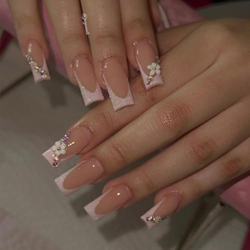 Long Square Press-On False Nails, Nude Pink French Tips with Floral Gems | Fine glitter detailing, integrated decorations, coordinated manicure for everyday wear, celebrations and social occasions