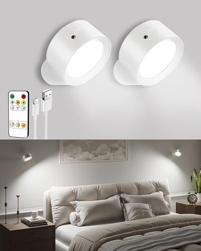 EZVALO LED wandleuchte innen,Wandlampe Kabellos mit Fernbedienung,3 Farbmodi Touch Control and Fernbedienung,360° Drehbar,Dimmbare kabellose Wandlampe für Studium,Schlafzimmer (weiß, 2)