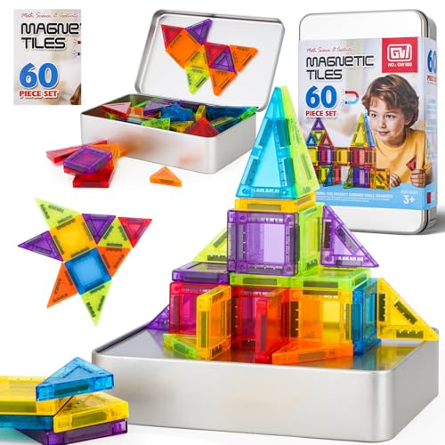 Piastrelle magnetiche, set da 60 pezzi, set di mattoncini magnetici, mini magnetici, giocattolo da costruzione, con scatola di ferro, per età 3 + ragazzi e ragazze, regalo STEM Montessori giocattolo