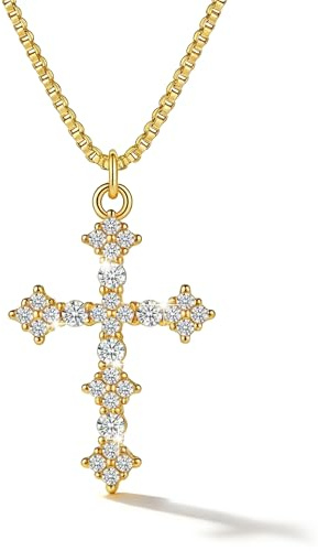 HANLI Halskette Damen Gold/Silber - Zarte Kreuz Kette mit Cubic Zirkonia Kreuzkette Religiösen Anhänger mit für Frauen Mädchen Wasserfeste Hautverträglich Schmuck