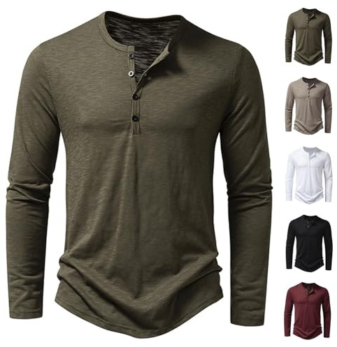 Herren Henley T-Shirt Langarm Leicht Hemden mit 4 Knöpfen Rundhals Baumwolle Lässig Freizeithemd Casual Vintage Slim Fit Hemd Lässig Weich Stretch Basic Oberteile Einfarbig Fitnessstudio Pullover