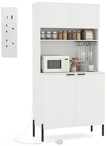COSTWAY 164cm Tall Kitchen Cupboard, 4-Door Buffet Pantry Storage Cabinet with Power Outlet, Wine Rack, Adjustable Shelf & Anti-tipping Device, Freestanding Sideboard Organizer Unit (White)