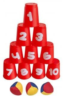 cavernedesjouets Chamboule Tout 10 gobelets Plastique + 3 balles - Jeu de Massacre, Casse Boite - Kermesse, Animation - Set Jouet Plein air+ 1 Carte