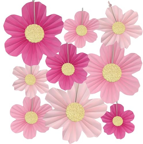 Hoypeyfiy 9-teiliges Set aus rosa Papierfächer-Dekoration, hängende Girlande und Papierblumen, ideal für Geburtstags-, Hochzeits- und Teeparty-Dekoration (Rosa)