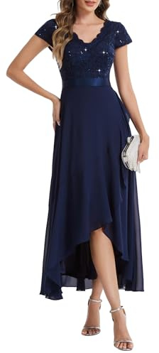 Ever-Pretty Women's Lace Chiffon Wedding Guest Dress Sequin V-Neck High-Low Midi Gown for Prom Bridesmaid 02644