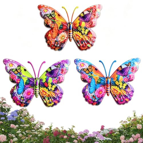 SurPse 3-Piece Garden Fence Decorations, Butterfly Wall Art, Garden Wall Ornaments Outdoor, Garden Butterfly Ornaments, Acrylic Butterfly Garden Ornament Set, 11x15cm Outdoor Yard Wall Art Decor