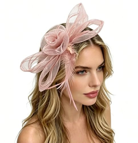 WANIXIA Chapeau bibi en maille avec fleur et plumes pour femmes, bibi 2 en 1 avec serre-tête et pince à cheveux élégant pour mariage, réception de thé, course hippique, cocktail, Ascot, pièce de tête