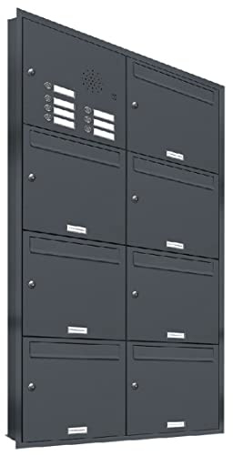 AL Briefkastensysteme, 7er Unterputzbriefkasten mit Klingel in Anthrazit Grau RAL 7016, 7 Fach wetterfeste Briefkastenanlage Design modern