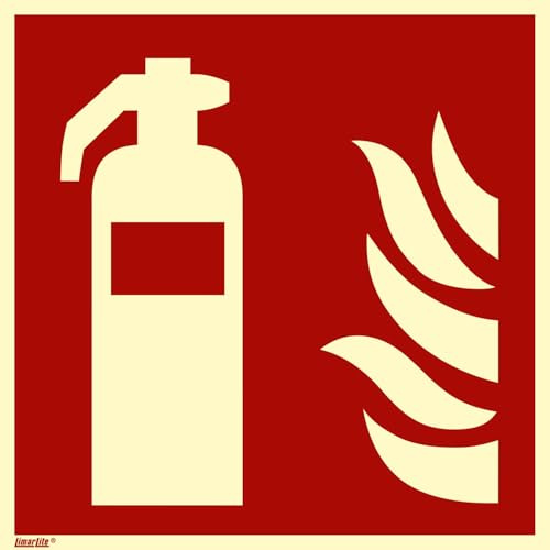Feuerlöscher Schild 300 x 300 mm – Folie langnachleuchtend 55/8 mcd DIN 67510 Leuchtklasse B, selbstklebend, Brandschutzzeichen F001, Sicherheitskennzeichen gemäß ASR A1.3 / ISO 7010 DIN 67510