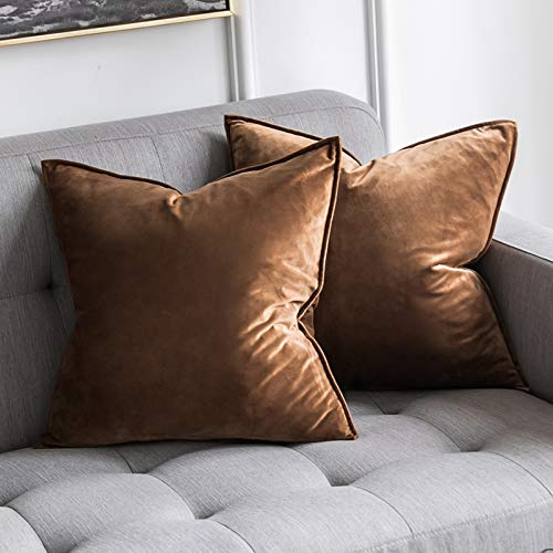 MIULEE 2er Set Samt Kissenbezug Flansch Kissenhülle Dekorative Sofakissen Dekokissen Umwickelte Kante Kissenbezüge Zierkissenbezug für Sofa Wohnzimmer Schlafzimmer 45x45 cm Schokoladenbraun