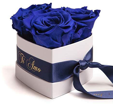 Infinity Rosenbox Herz - 10x12cm 3 konservierte Rosen haltbar 3 Jahre - Geschenk für Frauen - beste Freundin Geschenke (Ti Amo, Blau)