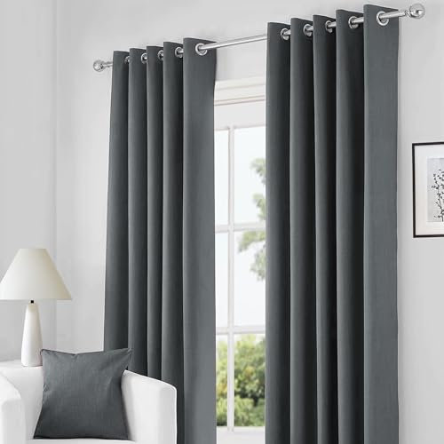 RayyanLinen Readymade Blackout Thermal Eyelet Ring Top Pair of Curtains Including 2 free Tiebacks (CHARCOAL GREY, Width 46 x Drop 72)