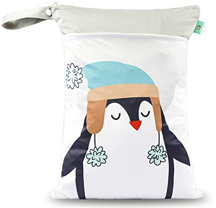 1 Stück Windeltasche Baby Trocken und Nasstasche, Treer Wiederverwendbar Hängende Wasserdichte Windel Organiser Beutel mit Reißverschluss für Reise Strand (30x40cm,Weißer Pinguin)
