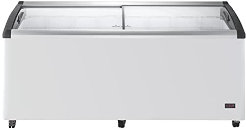 Duura Commercial Mobile Ice Cream Display Chest Freezer Sub Zero Temp Curved Glass Top Frost Free Lid with 8 Wire Baskets, 71.7 Inch Wide 21.2 Cubic Feet, White