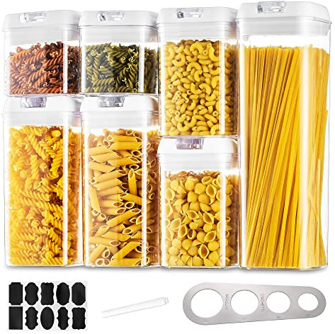 Contenitori Ermetici per Alimenti Cucina: Contenitori Pasta Barattoli Cucina 7 Pezzi Porta Biscotti Plastica Porta Spaghetti Vasetto Impilabile con Bianco Coperchi a Chiusura Facile per Cereali