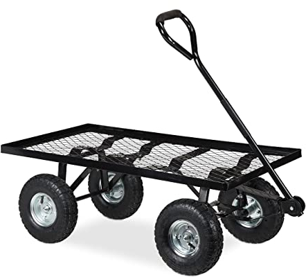 Relaxdays Handwagen flach, Garten, mit Luftbereifung, HxBxT: 34,5 x 51 x 96 cm, bis 200 kg, Stahl Bollerwagen, schwarz