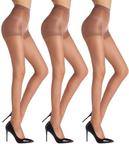 WAJIAFAR 3 Pack Women's Sheer High Waist Tights with Support and Reinforced Toes Pantyhose (Caramel, M)