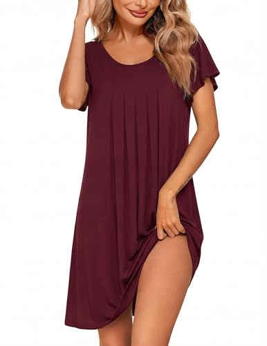 Ekouaer Nachthemd Damen Kurzarm Schlafshirt Kurz Rundhals Nachthemden Sommer Einfarbig Oversize Schlafhemd, Weinrot, XXXL