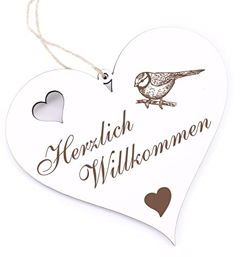 Herzlich Willkommen Schild - Blaumeise - Deko Herz Holz Willkommensschild Türschild Dekoschild Türdeko