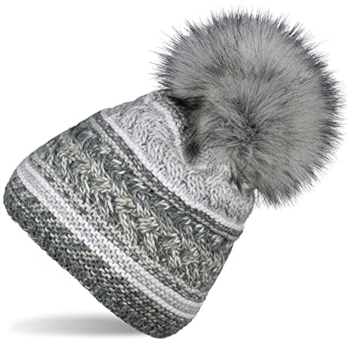 styleBREAKER Cappello a Pompon da Donna con Motivi Colorati e Fodera in Pile, Cappello a Pompon Invernale in Pelliccia, Cappello a Maglia 04024202, Grigio Chiaro-Grigio