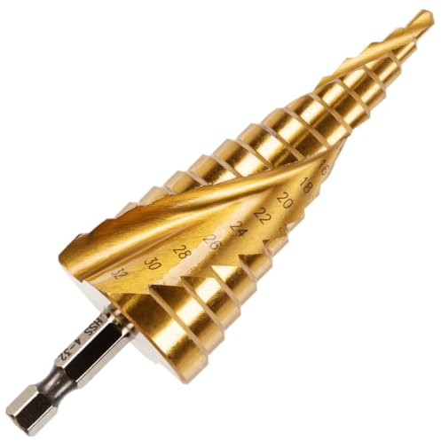 Rennie Tool 4-32mm Spiral Flute HSS Step Drill Bit Titanium Coated | Hex Shank. For Steel, Stainless Steel, Aluminium, Copper, Plastic, DIY. Cone Cutter Hole Cutter Drill Bit 4mm to 32mm