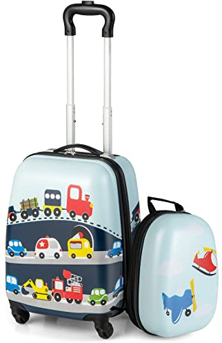 COSTWAY Kids Luggage Set, 2Pcs Backpack & Suitcase with Wheels and Height Adjustable Handle, Hard Shell Travel School Trolley Case for Boys Girls (Blue, 12+16 Cars)