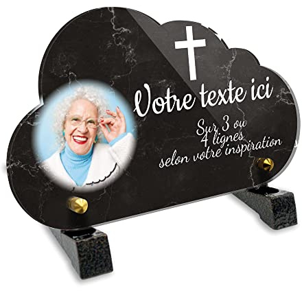 OCAP-FUNERAIRE.COM Grabschild Wolke mit Foto personalisierbar aus Plexiglas, Motiv christliches Kreuz, verschiedene Größen, Dicke 6 mm, personalisierbar auf mehrere Linien, 20 x 12 cm