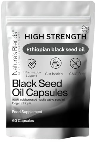 Nature's Blends Ethiopian Black Seed Oil Capsules 500mg – Cold Pressed Nigella Sativa with Thymoquinone – Supports Hair, Skin, Immune & Joint Health – 60 Softgels