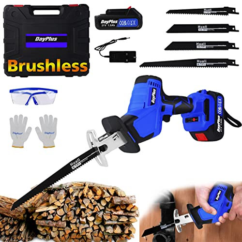 Cordless Reciprocating Saw with 1.5Ah Battery and Charger, 21V Brushless Reciprocating Saw Cordless Wood Saw,1900SPM Variable Speed Electric Sabre Saw, 4 Saw Blades for Wood Metal Cutting,Tree Pruning