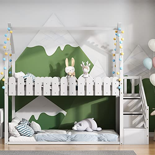 Etagenbett Hausbett,Hausbett Mit 3 Treppe 2 Schubladen,Mit Rausfallschutz Und Lattenrost,Etagenbett,Kinderbett,Jugendbett 90X200,White