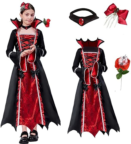 ZUCOS Costume de vampire pour fille, pour Halloween, gothique, élégante robe de vampire médiévale, pour carnaval, fête, noir, 7-9 ans