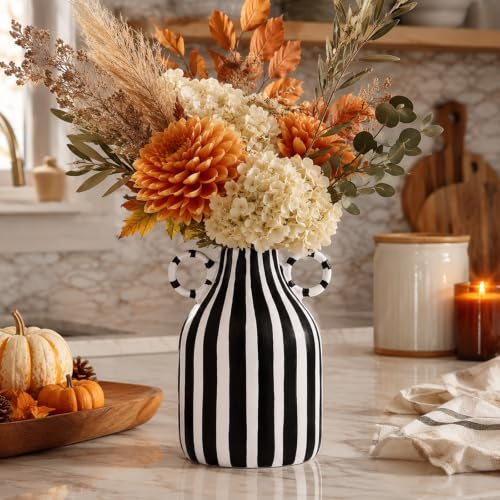 oliruim Moderne schwarz-weiße gestreifte Vase – minimalistische, flippige Boho-Akzentvase für Wohnzimmer, Couchtisch, Büro, Bücherregal und Fensterbank (B)