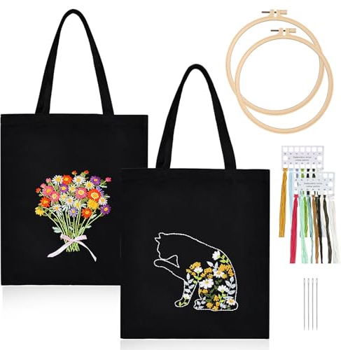 Vegena Canvas Tote Bag - Stickset Tasche, Schwarze Tragetasche Mit Stickerei, Embroidery Kit Für DIY-Bastelarbeiten