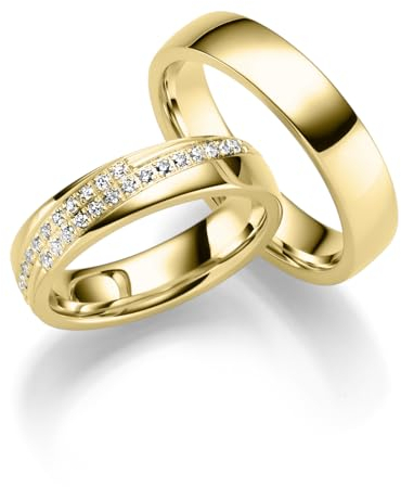 JC Trauringe aus Gold | Paar-Preis Ehe-Ringe mit kostenfreier Gravur I Partnerringe Hochzeitsringe Verlobungsringe 5 mm breit inkl. Etui-Box I Herren-Ring ohne & Damen-Ring mit Zirkonia-Steinen IT19