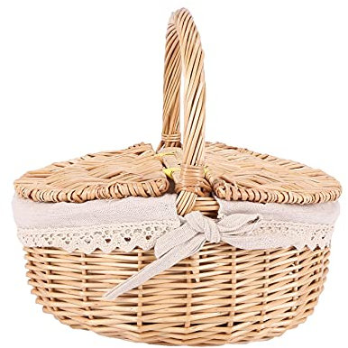 Tsadeer Weidenkorb Picknickkorb mit doppeltem Deckel Aufbewahrungskorb mit Stofffutter, Beige, Rattan