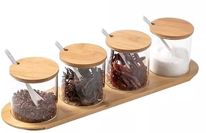 Azucarero Salero Botes Especias Conjunto De Caja De Condimentos De Vidrio, Botella De Especias, Contenedor De Condimentos, Caja De Condimentos Con Tapa Y Base De Bambú Frascos Especiarias Tarros Espec